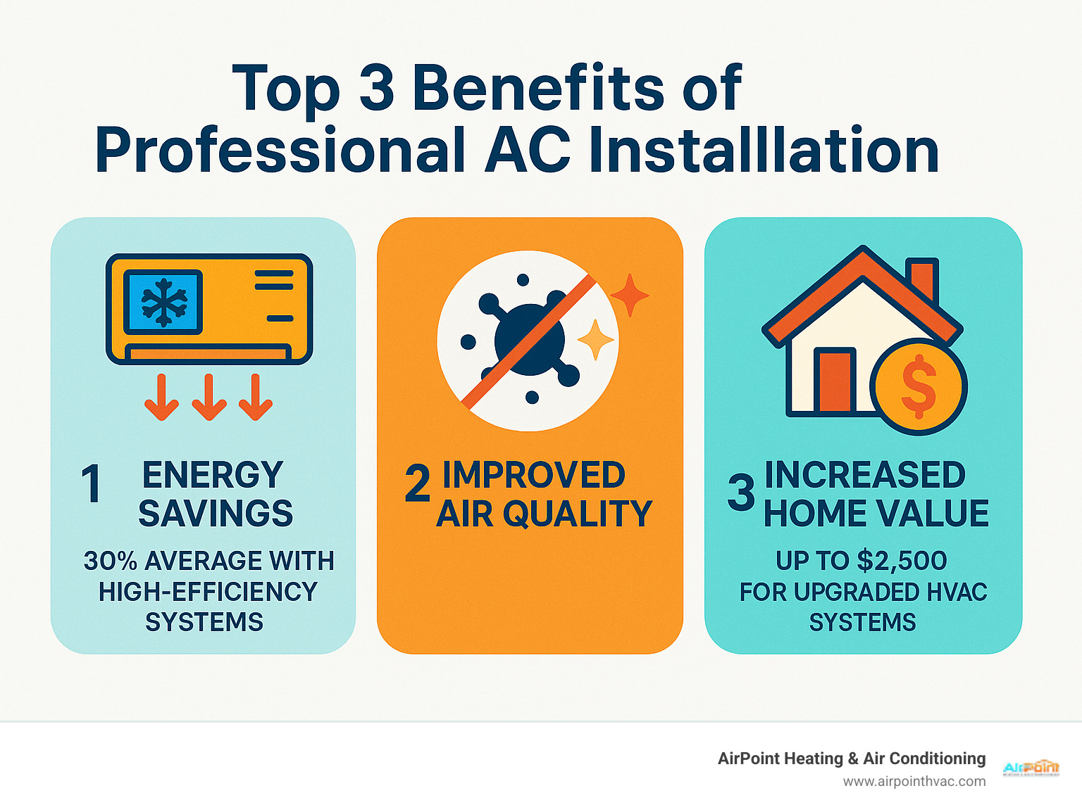 Infographic showing the top 3 benefits of professional AC installation: 30% average energy savings with high-efficiency systems, improved air quality, and increased home value of up to $2,500 for upgraded HVAC systems - AC installation Huntington* infographic 