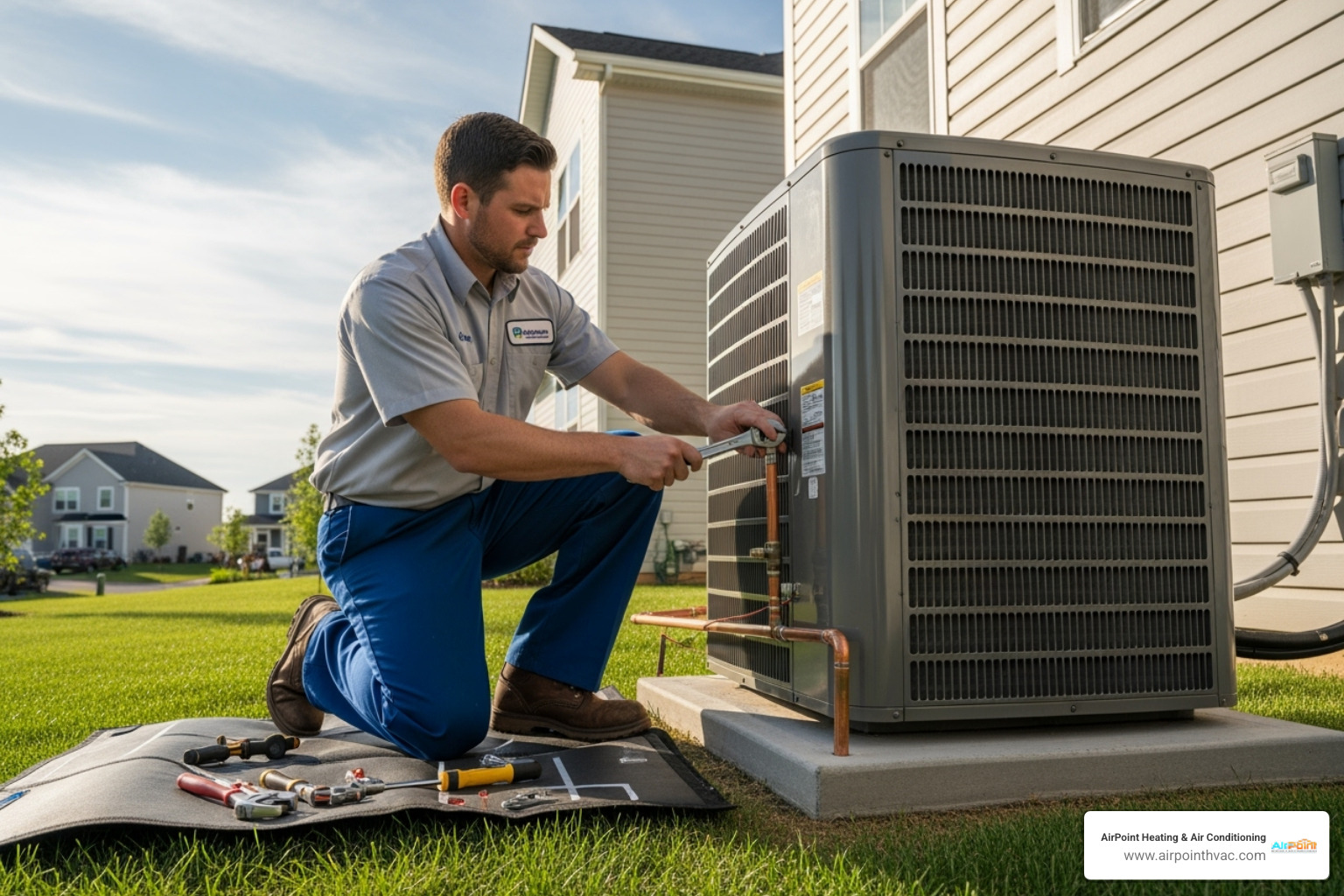 Certified technician carefully installing a new AC unit - AC installation Huntington*
