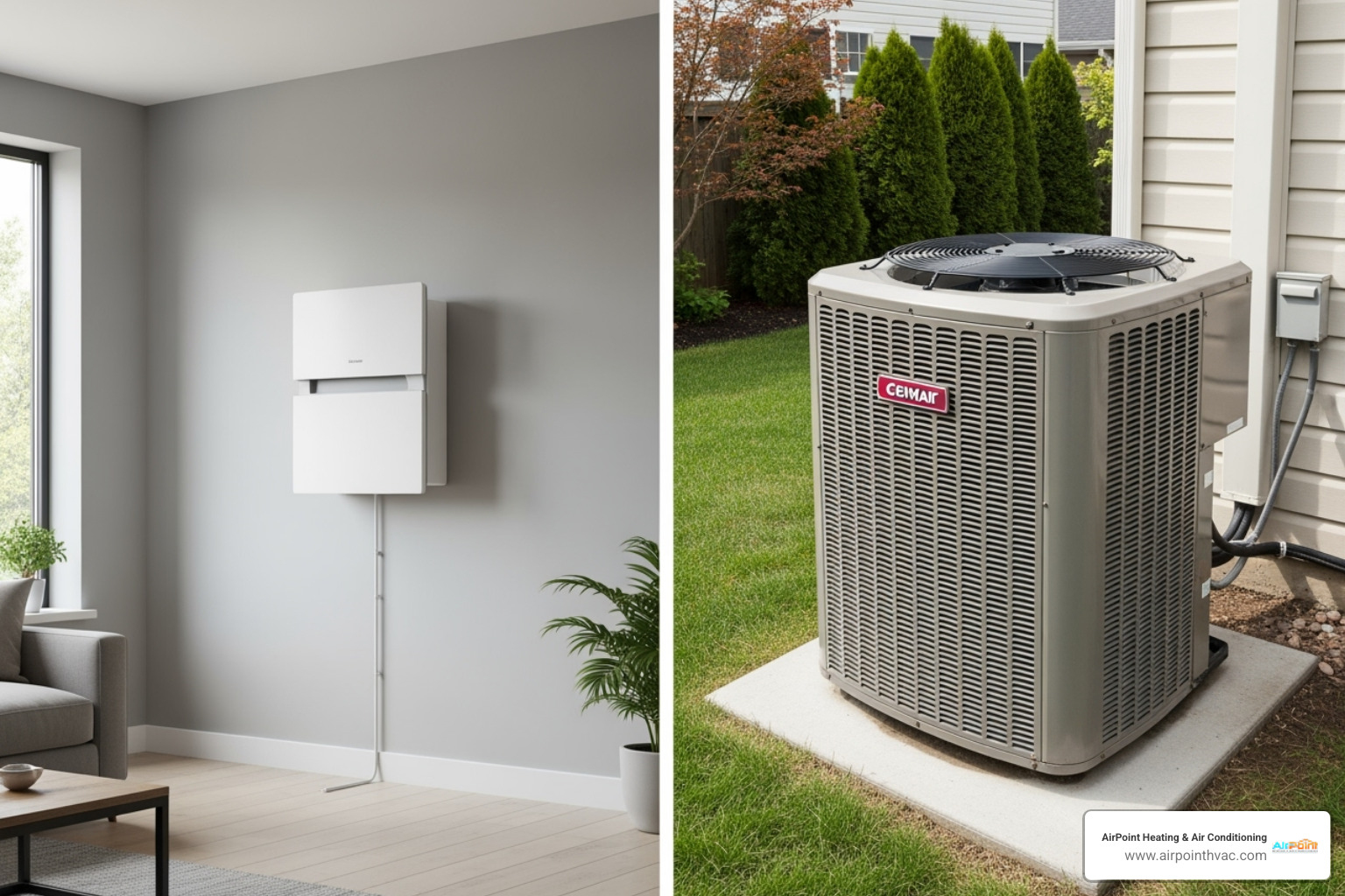 Comparing a discreet ductless mini-split unit on a wall to a central air outdoor condenser - AC installation Huntington*