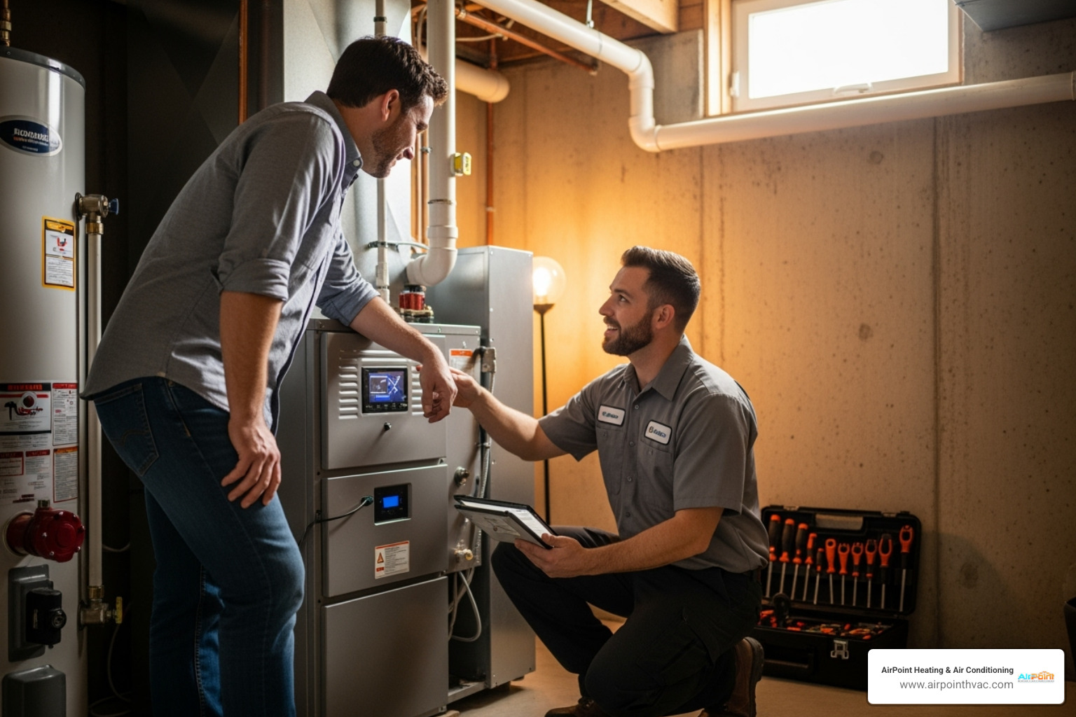 HVAC technician explaining a system to a homeowner - hvac ca