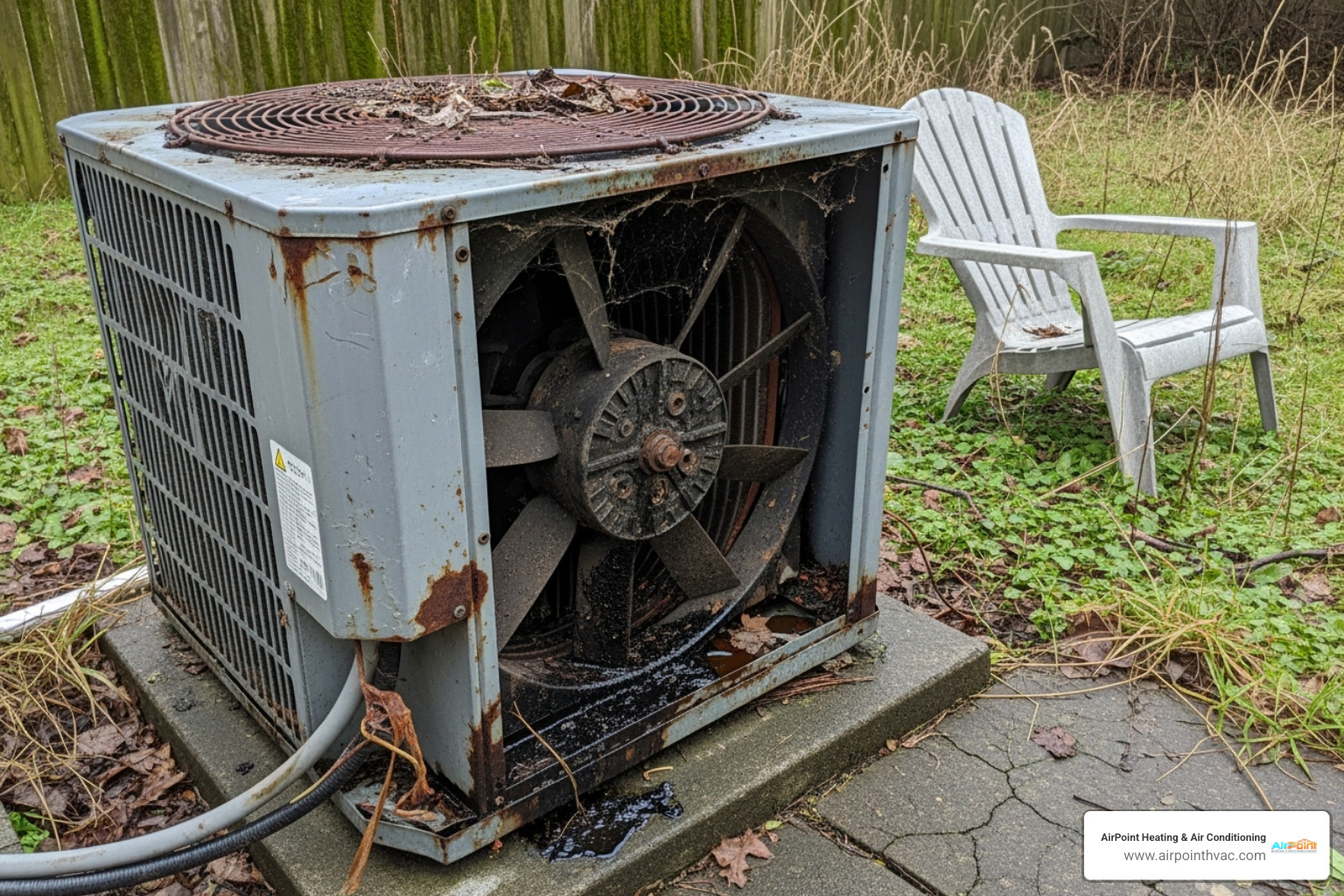 a broken-down, dirty HVAC unit - HVAC preventative maintenance plan