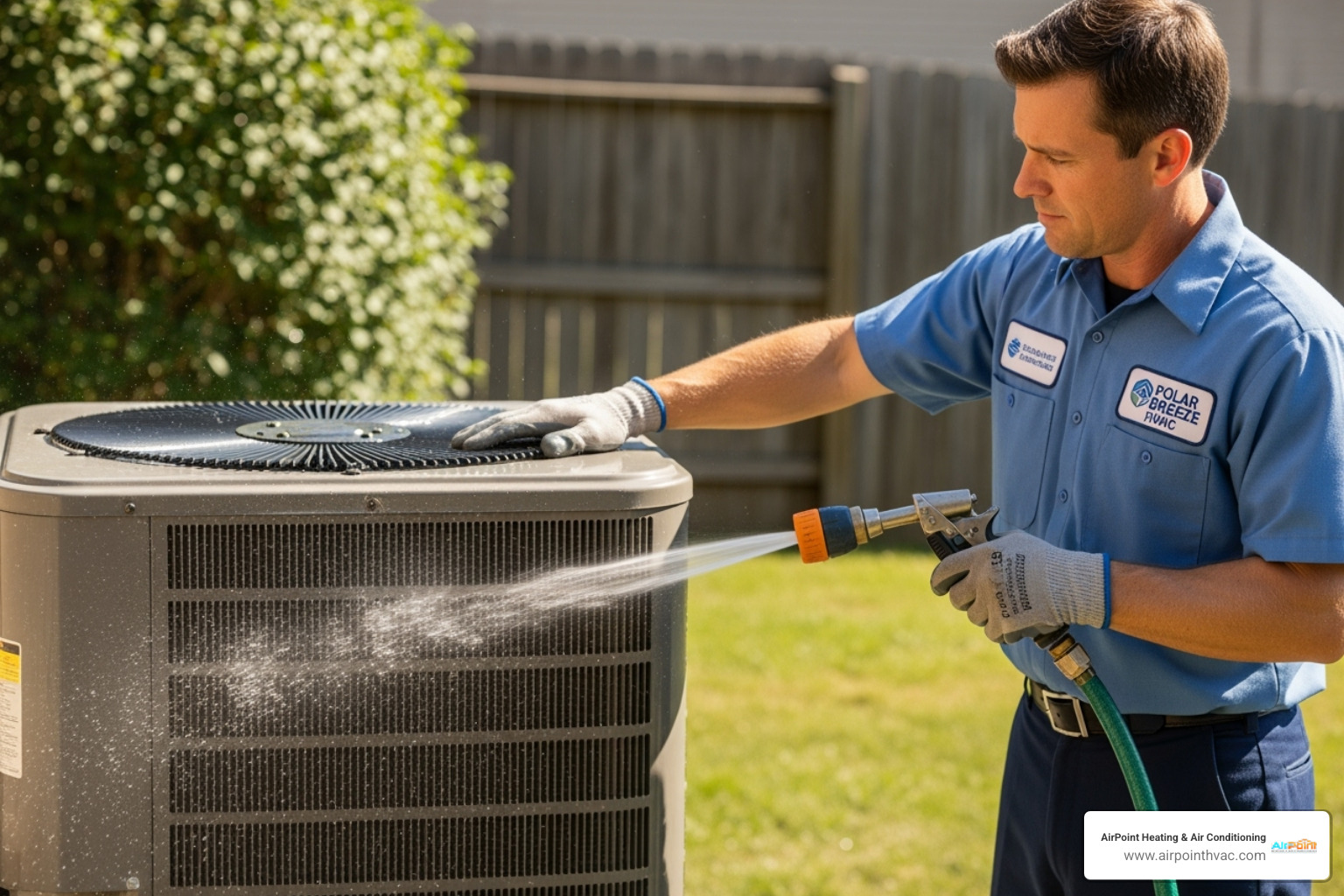 a technician cleaning an outdoor condenser unit - HVAC preventative maintenance plan