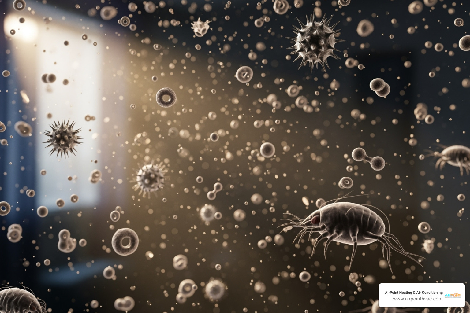 Microscopic pollutants like pollen, dust mites, and VOC molecules floating in the air - indoor air quality solutions