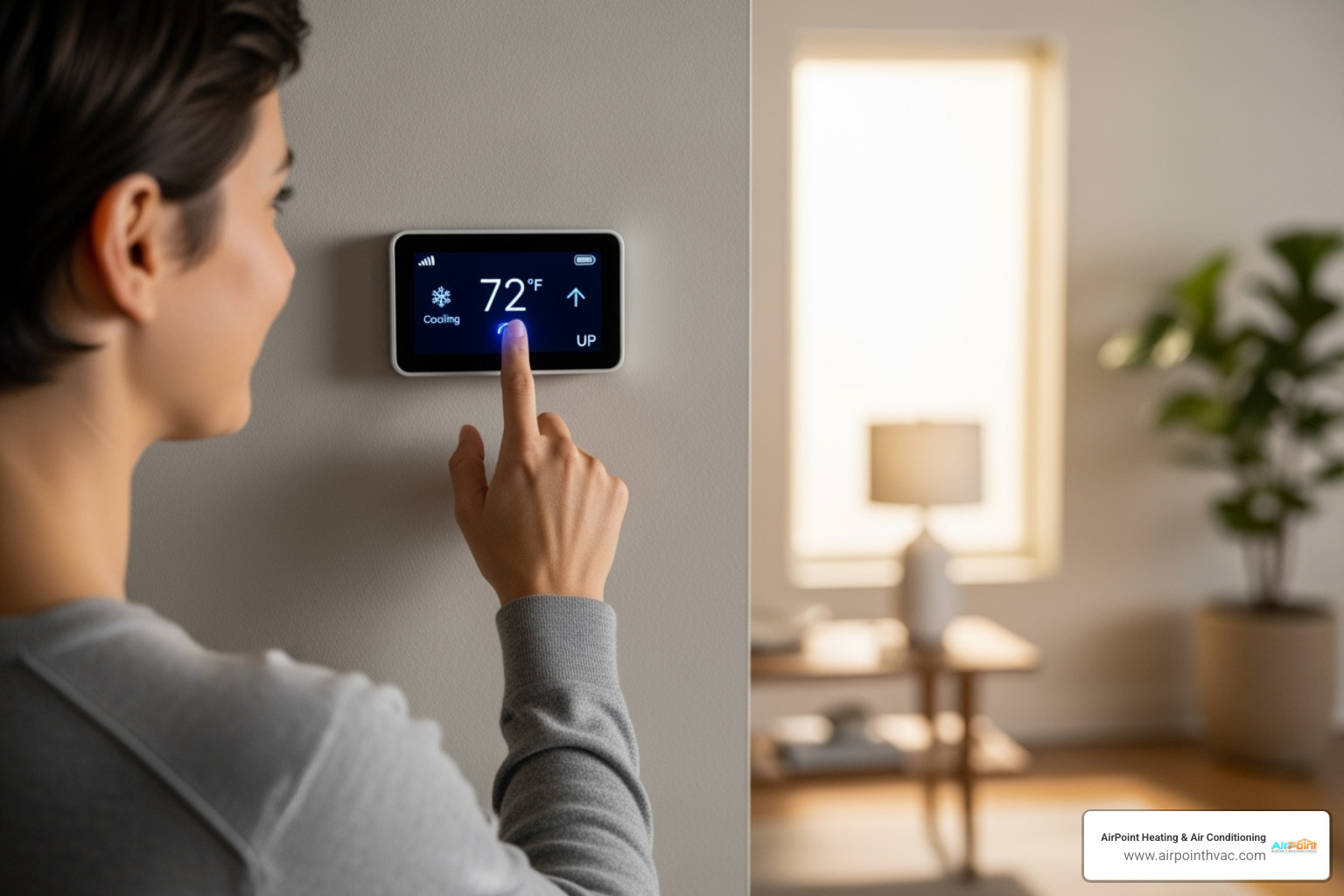 homeowner checking thermostat - heat pump keeps running