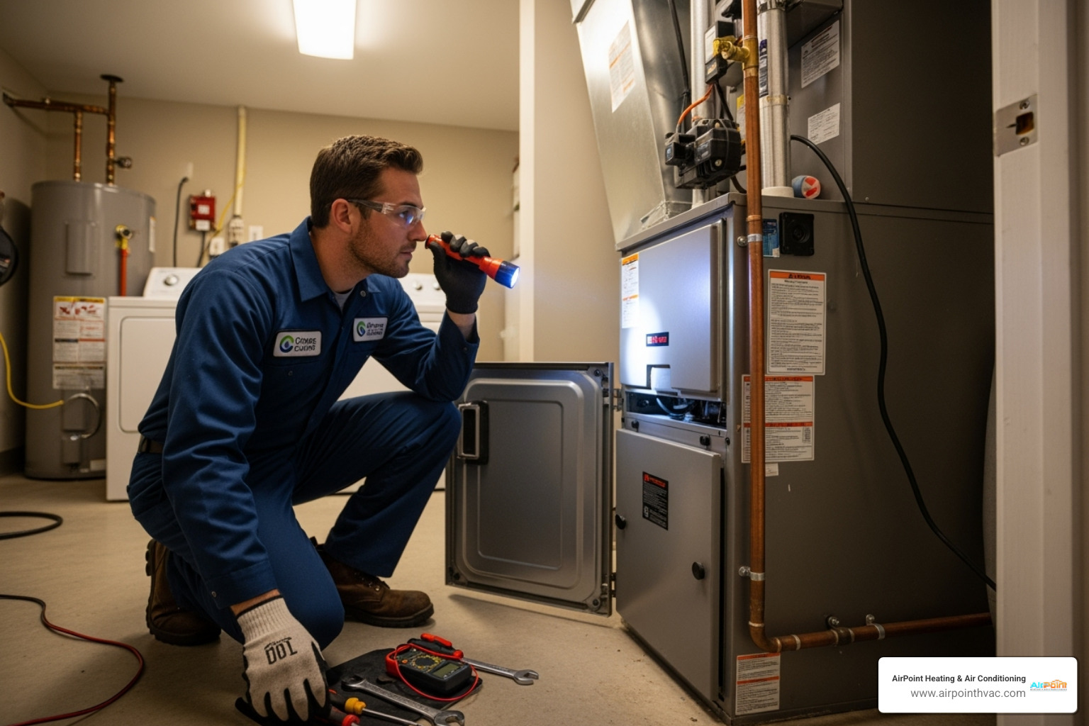 professional technician servicing a furnace - furnace service huntington beach