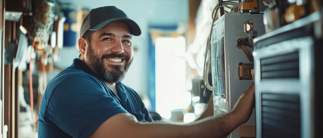 Smiling technician in blue shirt and cap working on electrical equipment
