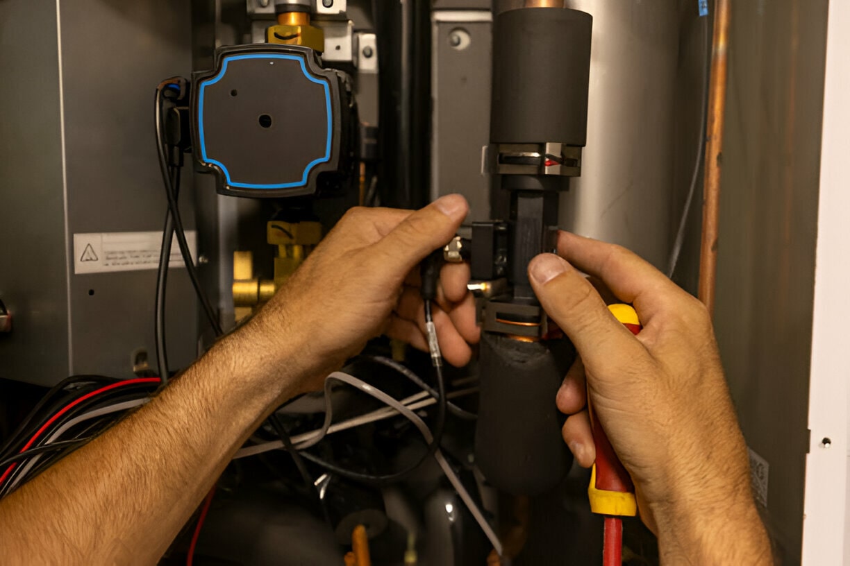 Technician's hands adjusting electrical equipment inside a control panel