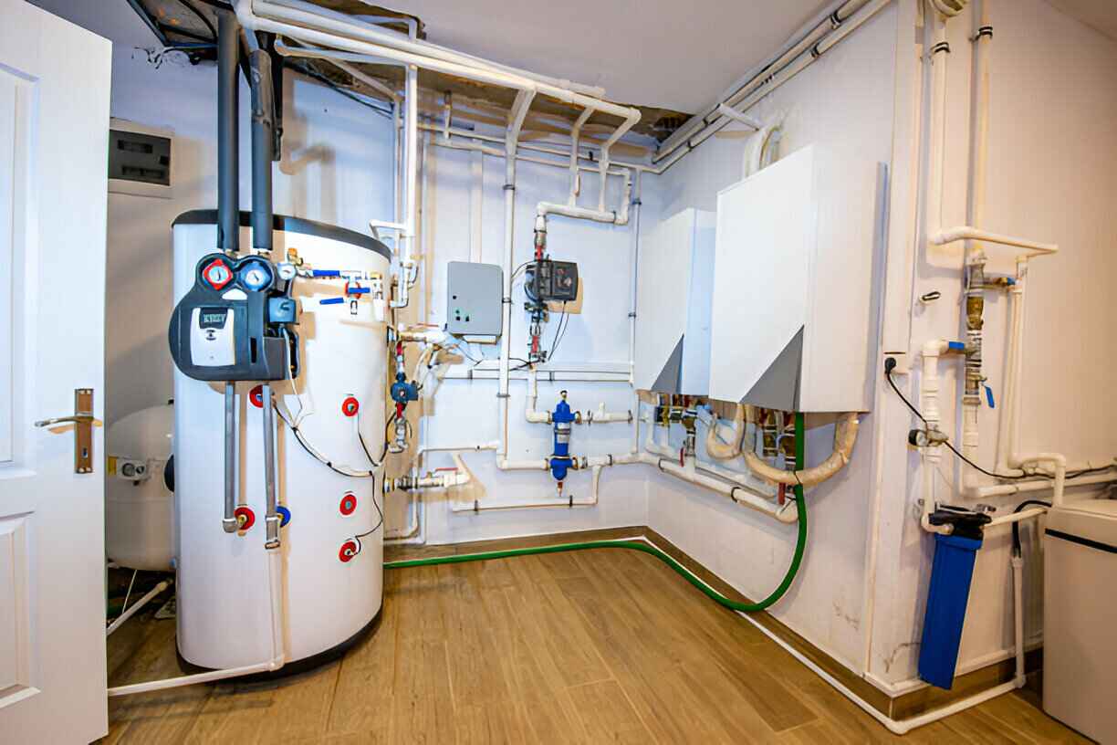 Utility room with water heater, pipes, valves, and filtration system