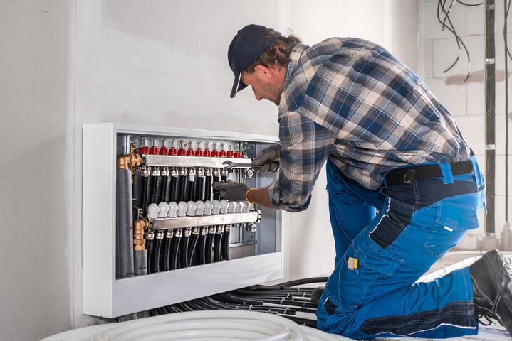 Technician installing or checking heating system manifold with pipes and valves
