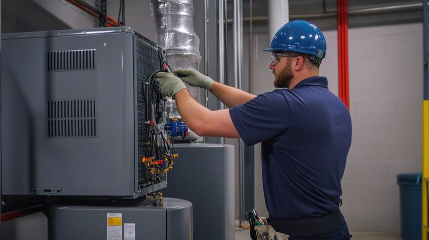 Technician in blue hard hat checks industrial equipment control panel