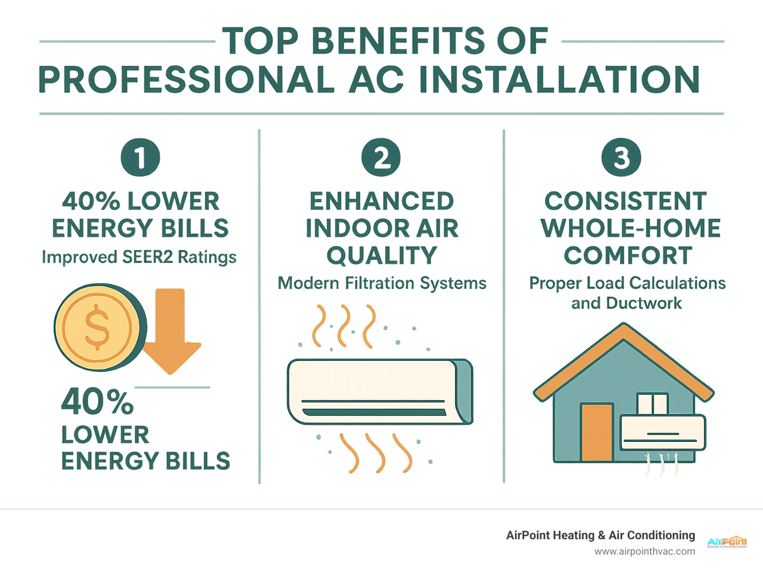 Infographic showing the top 3 benefits of professional AC installation: 40% lower energy bills through improved SEER2 ratings, improved indoor air quality with modern filtration systems, and consistent whole-home comfort with proper load calculations and ductwork design - ac installation huntington beach ca infographic 