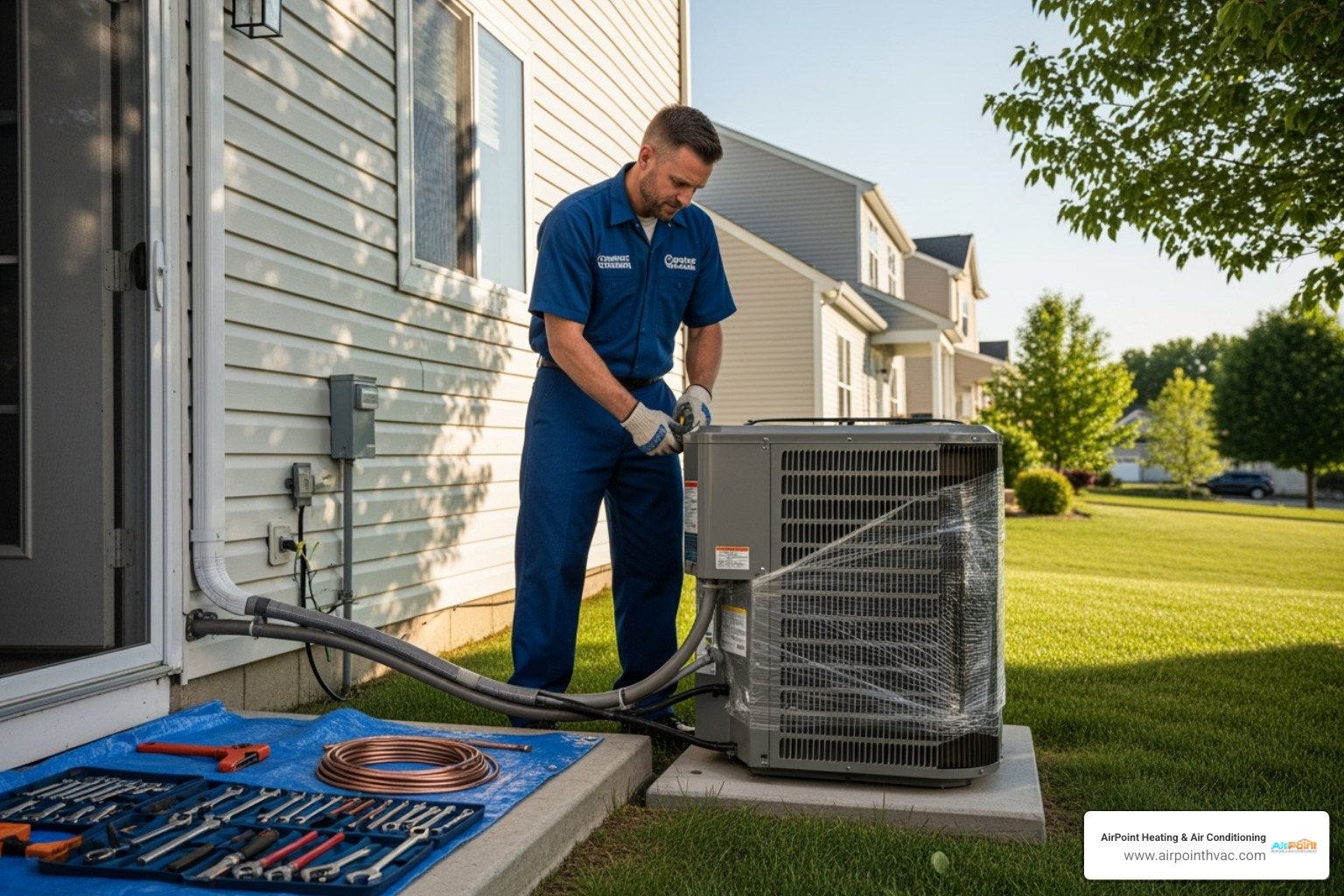 Uniformed technician carefully installing a new AC unit - ac installation huntington beach ca