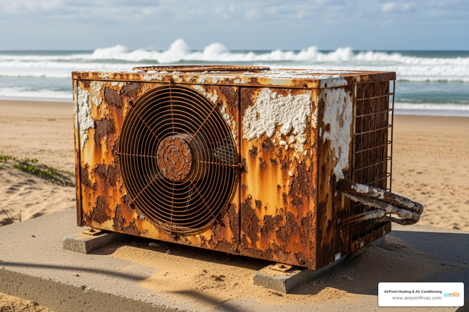 Old, corroded outdoor AC unit near the coast - ac installation huntington beach ca