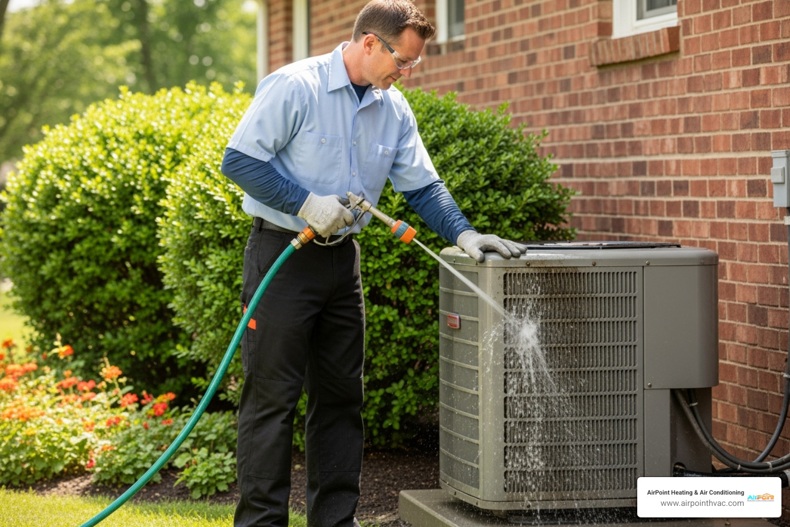 A technician cleaning an outdoor AC unit with a hose - AC repair Mission Viejo A technician cleaning an outdoor AC unit with a hose - AC repair Mission Viejo