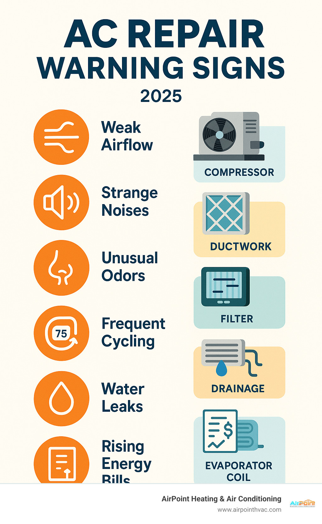 Infographic showing common AC repair warning signs including weak airflow, strange noises, unusual odors, frequent cycling, water leaks, and rising energy bills with corresponding system components that may need attention - AC repair Mission Viejo infographic Infographic showing common AC repair warning signs including weak airflow, strange noises, unusual odors, frequent cycling, water leaks, and rising energy bills with corresponding system components that may need attention - AC repair Mission Viejo infographic