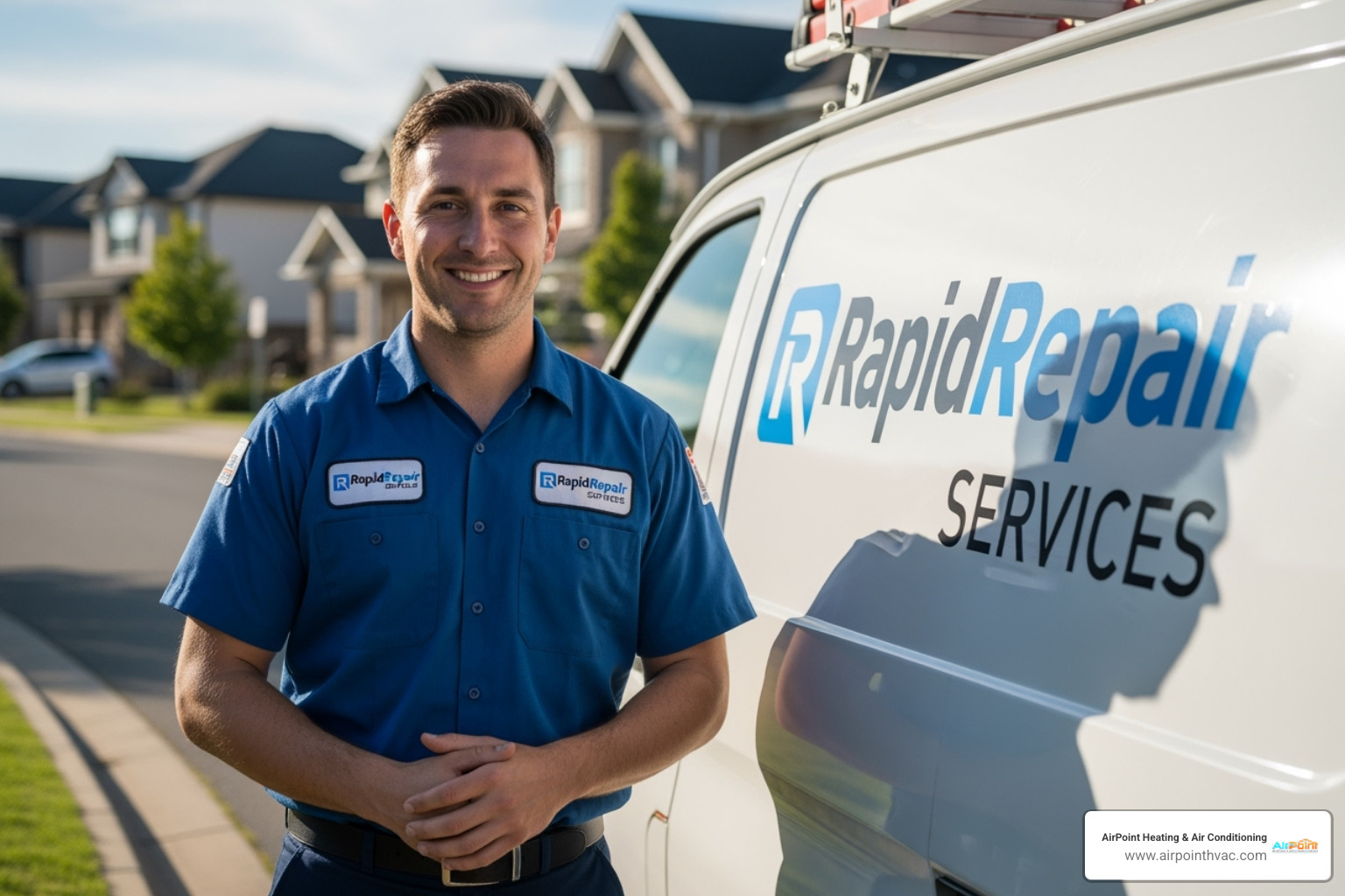 A friendly, uniformed technician smiling next to a company van - AC repair Mission Viejo A friendly, uniformed technician smiling next to a company van - AC repair Mission Viejo