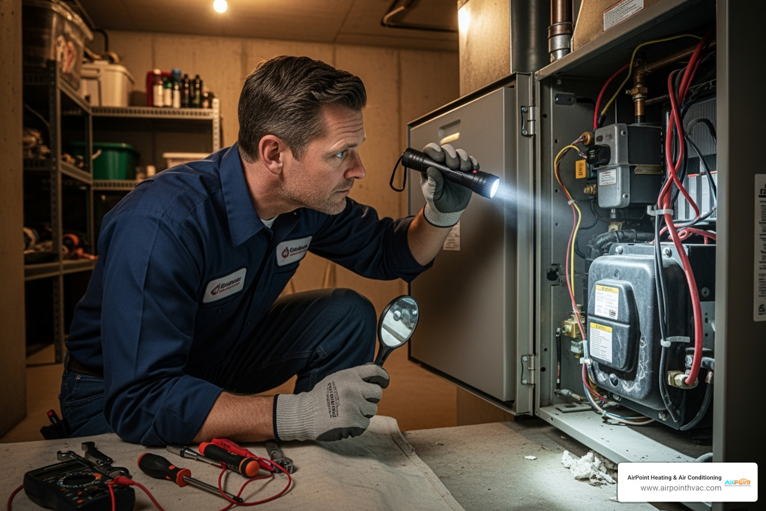 An HVAC technician performing maintenance on a furnace - furnace maintenance huntington beach
