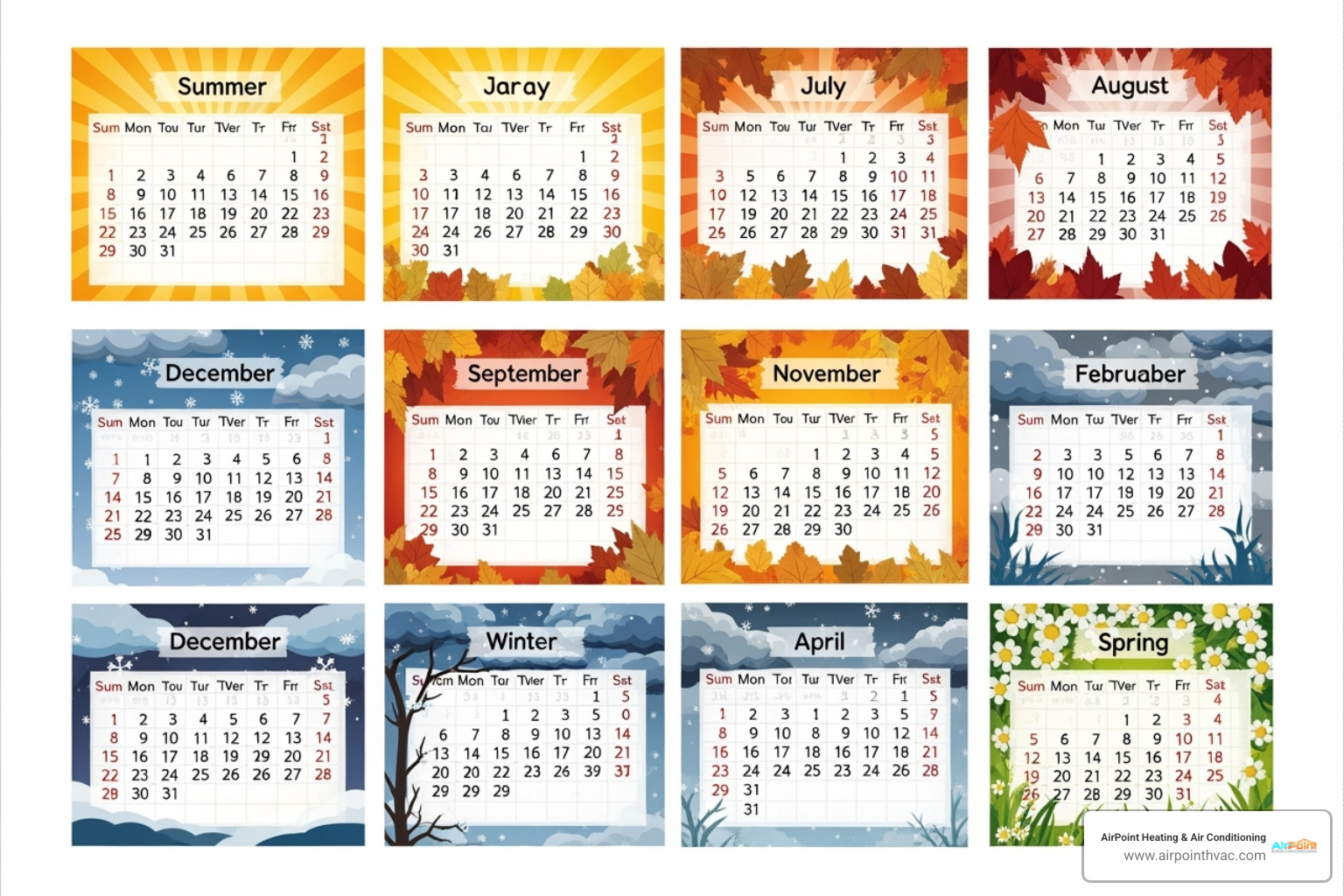 Calendar with seasons marked (summer sun, winter clouds) - heating and air conditioning repair huntington beach ca