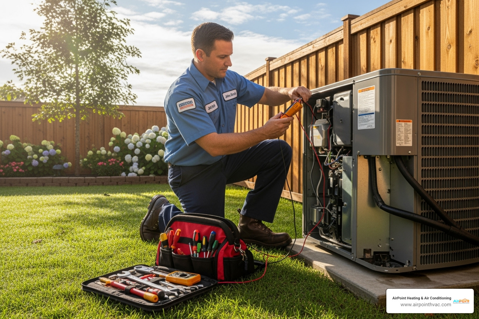 Technician servicing an outdoor AC unit - heating and air conditioning repair huntington beach ca
