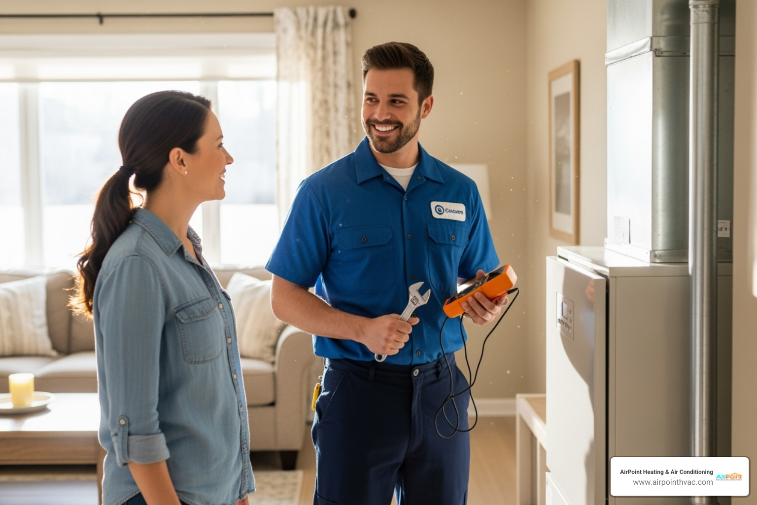 Professional HVAC technician with tools, smiling at a homeowner - heating and air conditioning repair huntington beach ca
