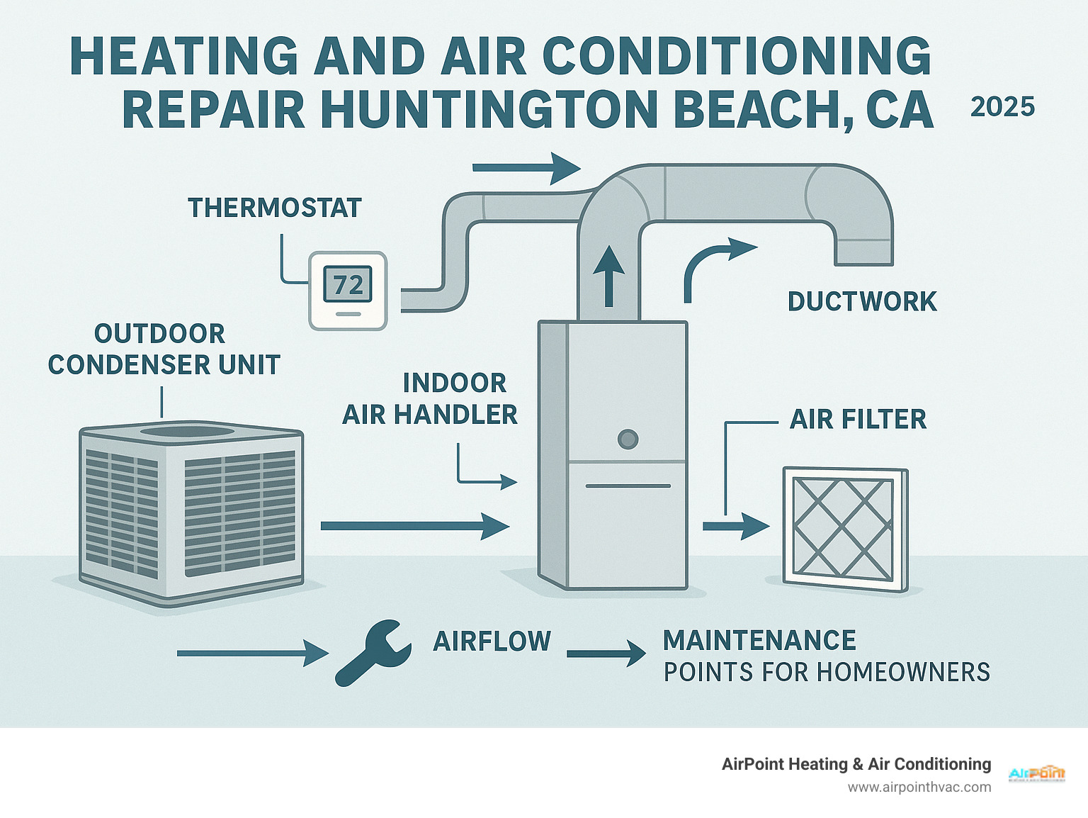 Comprehensive infographic showing HVAC system components including outdoor condenser unit, indoor air handler, ductwork, thermostat, and air filter with arrows indicating airflow direction and maintenance points for homeowners in Huntington Beach - heating and air conditioning repair huntington beach ca infographic 