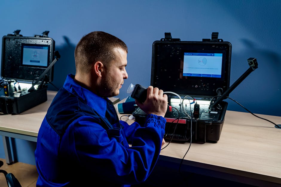 Uniformed technician professionally diagnosing an AC system - Air conditioning repair Huntington Uniformed technician professionally diagnosing an AC system - Air conditioning repair Huntington