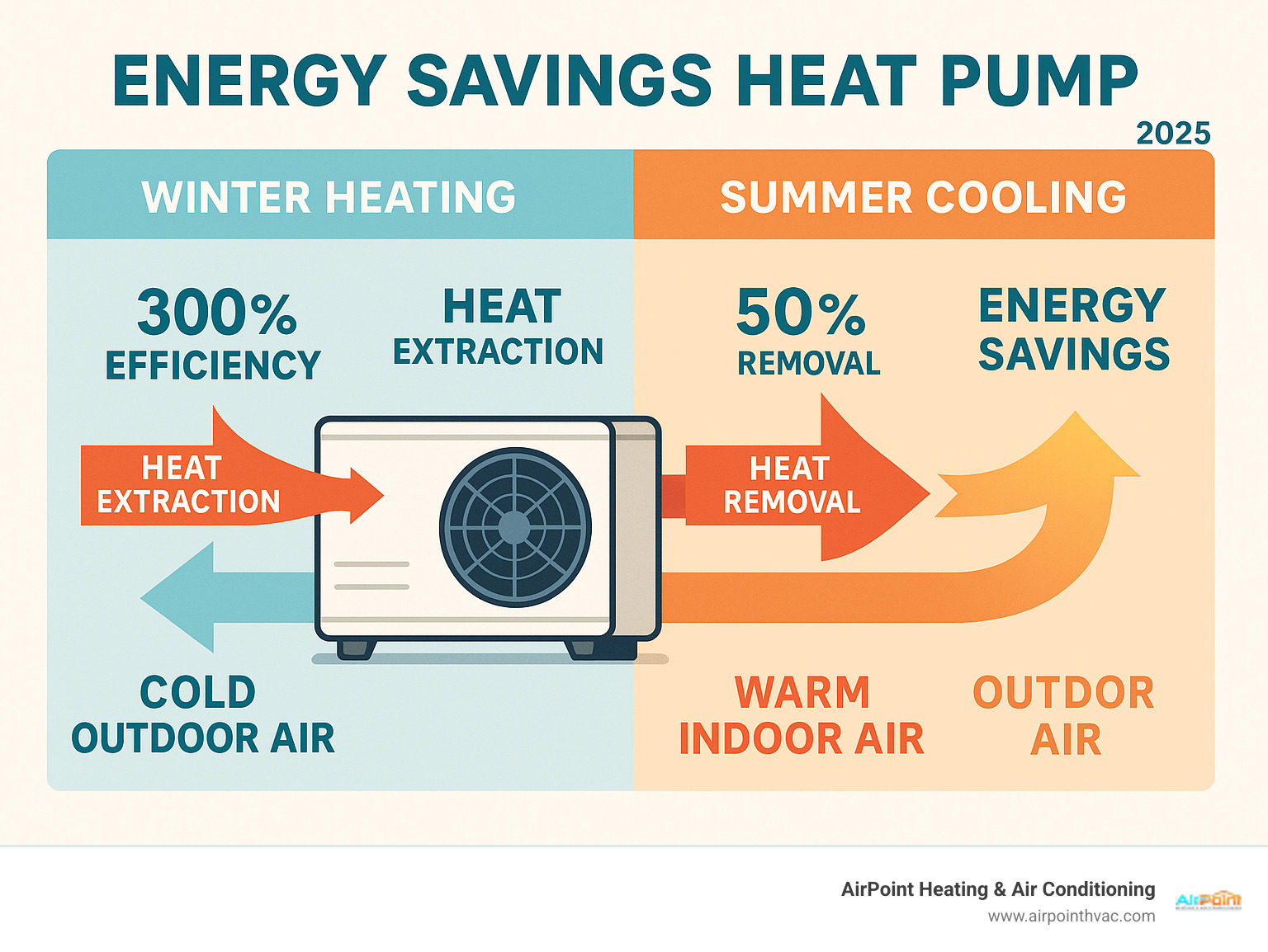 Detailed infographic showing how a heat pump works in winter heating mode with arrows indicating heat extraction from cold outdoor air and transfer to warm indoor air, versus summer cooling mode showing heat removal from indoor air to outdoor air, with efficiency ratings and energy savings percentages displayed - Energy savings heat pump infographic Detailed infographic showing how a heat pump works in winter heating mode with arrows indicating heat extraction from cold outdoor air and transfer to warm indoor air, versus summer cooling mode showing heat removal from indoor air to outdoor air, with efficiency ratings and energy savings percentages displayed - Energy savings heat pump infographic