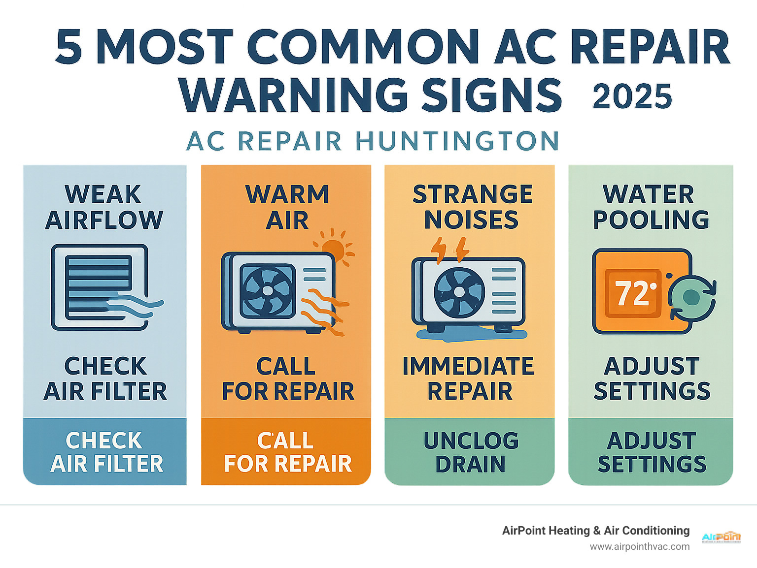 Infographic showing the 5 most common AC repair warning signs: weak airflow from vents, warm air instead of cool air, strange grinding or squealing noises, water pooling around the unit, and frequent on-off cycling with thermostat settings and recommended immediate actions for each symptom - AC repair Huntington* infographic Infographic showing the 5 most common AC repair warning signs: weak airflow from vents, warm air instead of cool air, strange grinding or squealing noises, water pooling around the unit, and frequent on-off cycling with thermostat settings and recommended immediate actions for each symptom - AC repair Huntington* infographic