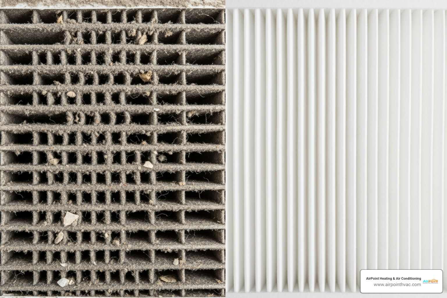 A split image showing on the left a heavily clogged and dirty air filter, and on the right a clean, new air filter, highlighting the contrast and importance of regular filter replacement - AC repair Huntington* A split image showing on the left a heavily clogged and dirty air filter, and on the right a clean, new air filter, highlighting the contrast and importance of regular filter replacement - AC repair Huntington*