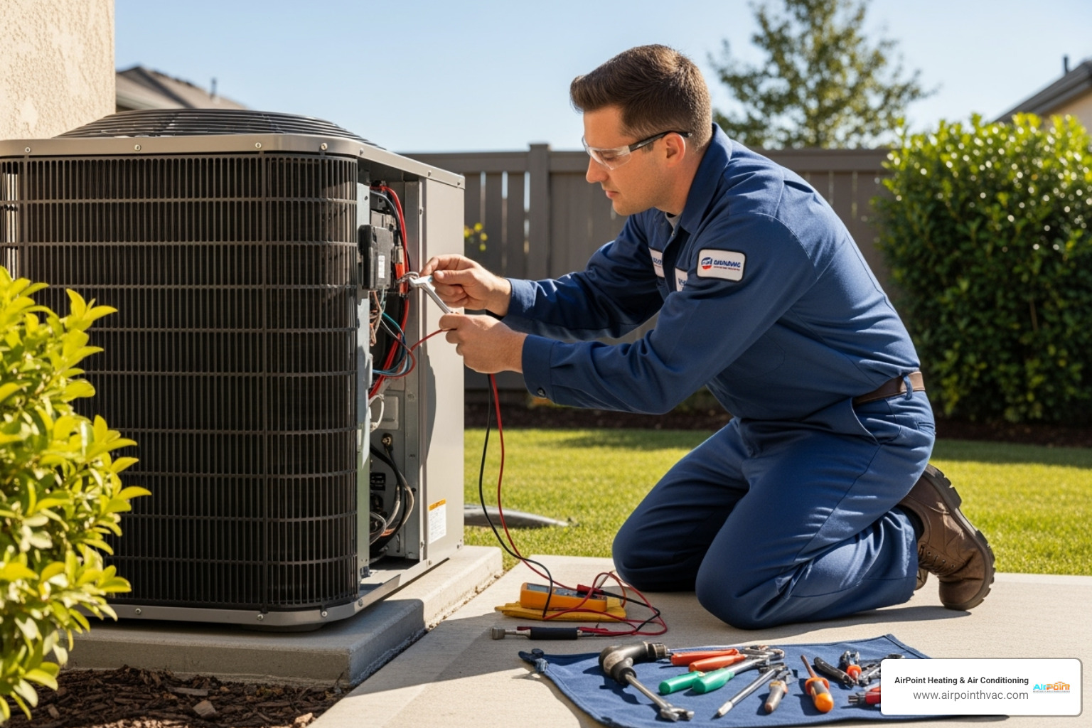A professional HVAC technician in uniform is shown diligently working on the outdoor unit of an air conditioning system, with tools neatly arranged beside them - AC repair Huntington* A professional HVAC technician in uniform is shown diligently working on the outdoor unit of an air conditioning system, with tools neatly arranged beside them - AC repair Huntington*