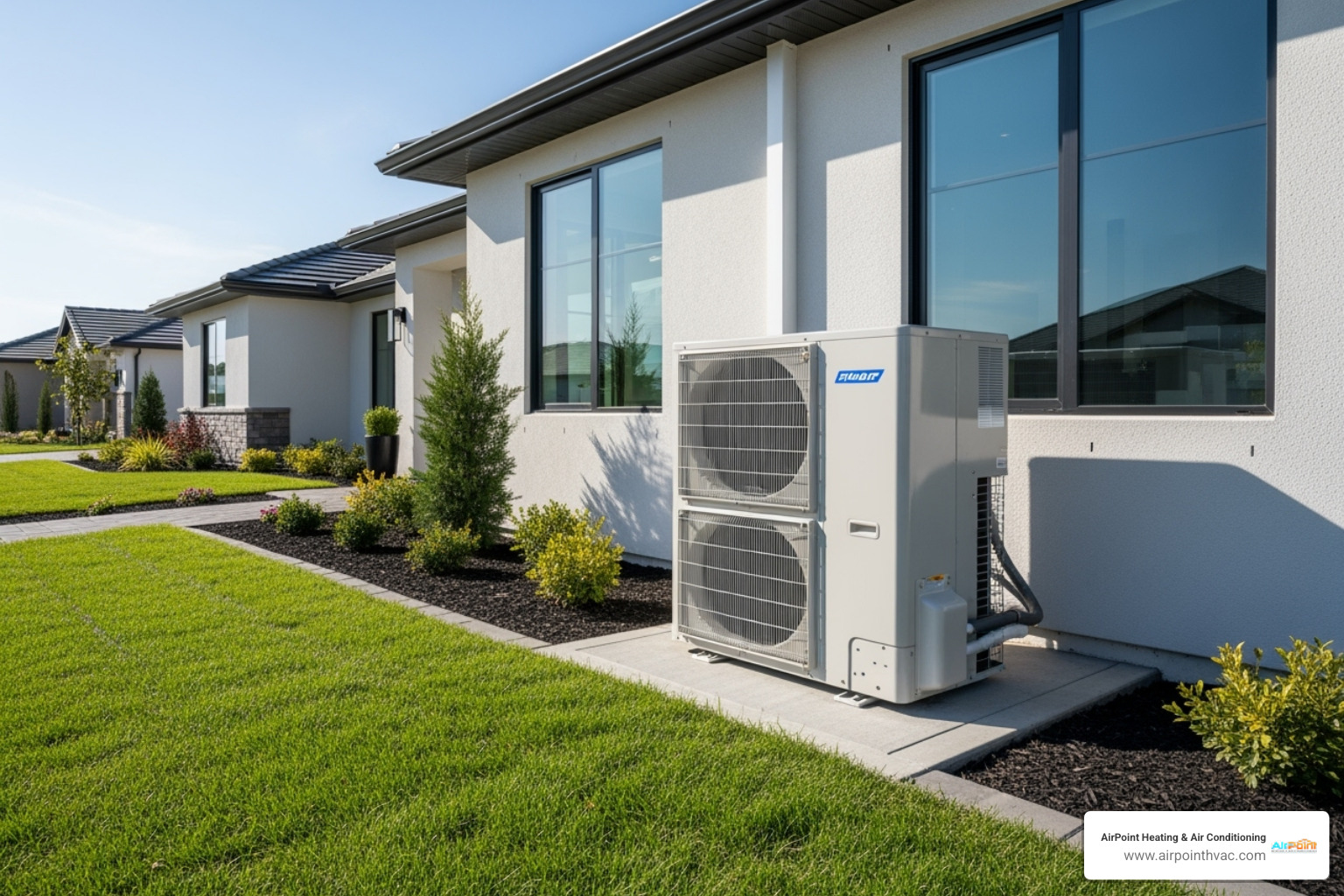 A new, modern, and sleek outdoor air conditioning unit is shown installed next to a residential home, surrounded by neatly trimmed landscaping - AC repair Huntington* A new, modern, and sleek outdoor air conditioning unit is shown installed next to a residential home, surrounded by neatly trimmed landscaping - AC repair Huntington*
