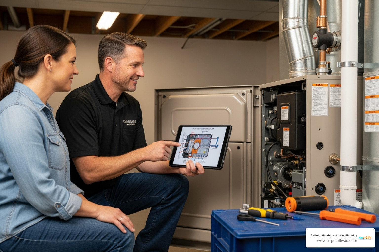 Friendly, professional technician explaining a repair on a tablet to a homeowner - emergency air conditioning repair in anaheim ca