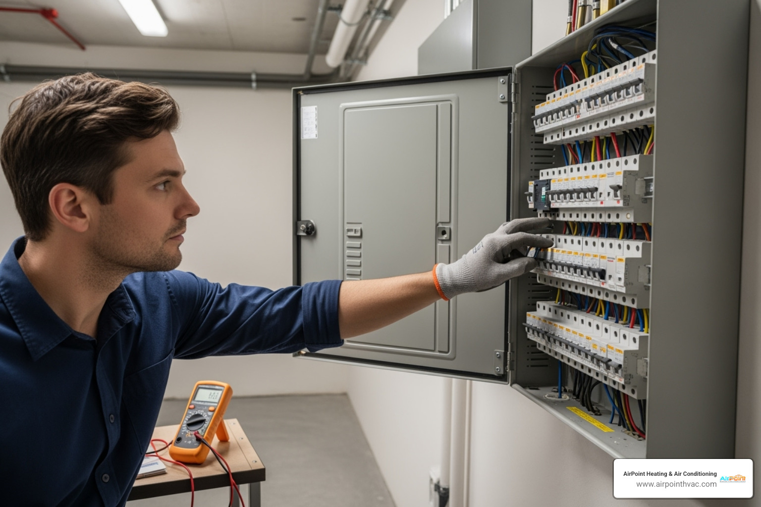 Person checking a home's circuit breaker panel - emergency air conditioning repair in anaheim ca