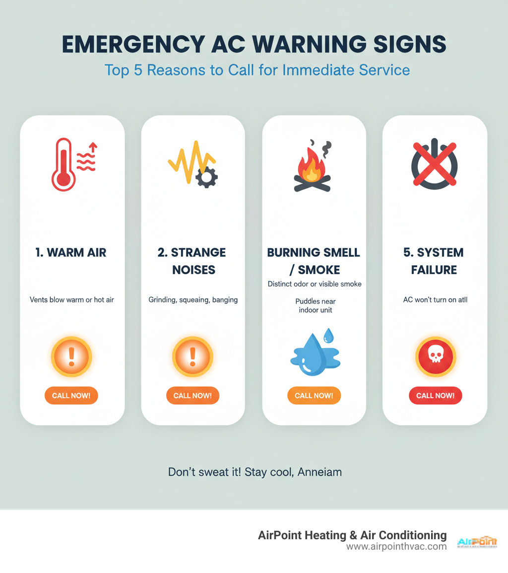 Infographic showing the top 5 emergency AC warning signs: 1. Warm air blowing from vents with thermometer icon, 2. Strange noises like grinding or squealing with sound wave icons, 3. Burning smell or visible smoke with flame icon, 4. Water leaks inside the home with water droplet icon, 5. Complete system failure or won't turn on with power button icon crossed out. Each sign includes a brief description and urgency indicator showing when to call for immediate service. - emergency air conditioning repair in anaheim ca infographic 