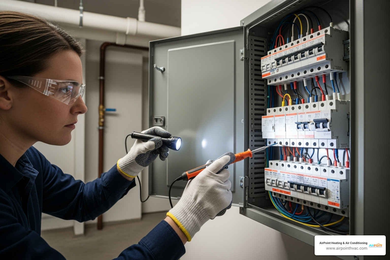 A person safely checking a circuit breaker panel, indicating a homeowner's initial troubleshooting steps for AC issues. - emergency air conditioning repair in aliso viejo ca