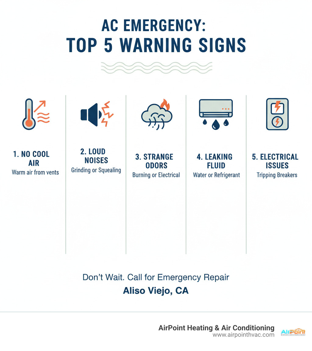 Infographic showing the top 5 signs of an AC emergency: 1) No cool air from vents with warm or hot air blowing instead, 2) Loud unusual noises like grinding or squealing sounds, 3) Strange burning or electrical odors, 4) Water or refrigerant leaking around the unit, 5) Electrical problems with frequent breaker trips or unresponsive thermostat - emergency air conditioning repair in aliso viejo ca infographic 