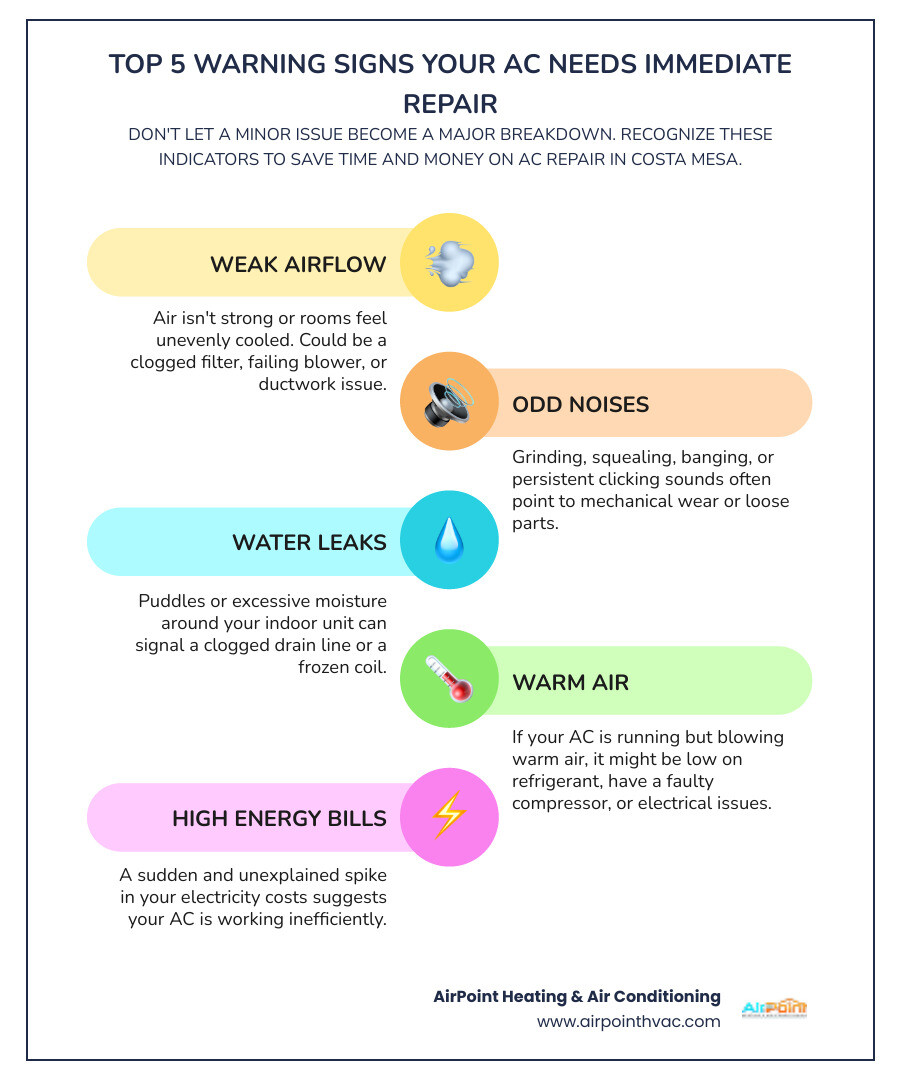 Infographic showing the top 5 warning signs your AC needs immediate repair: 1) Weak or no airflow from vents, 2) Strange grinding or squealing noises, 3) Water pooling around the indoor unit, 4) Warm air blowing despite thermostat settings, 5) Sudden spike in energy bills without increased usage - air conditioning repair in costa mesa ca infographic infographic-line-5-steps-colors