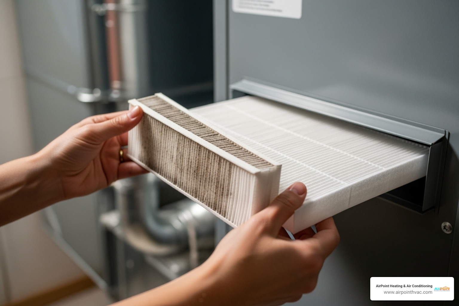 A homeowner carefully replacing a dirty, clogged air filter with a clean, new one in their HVAC system. - air conditioning repair in costa mesa ca