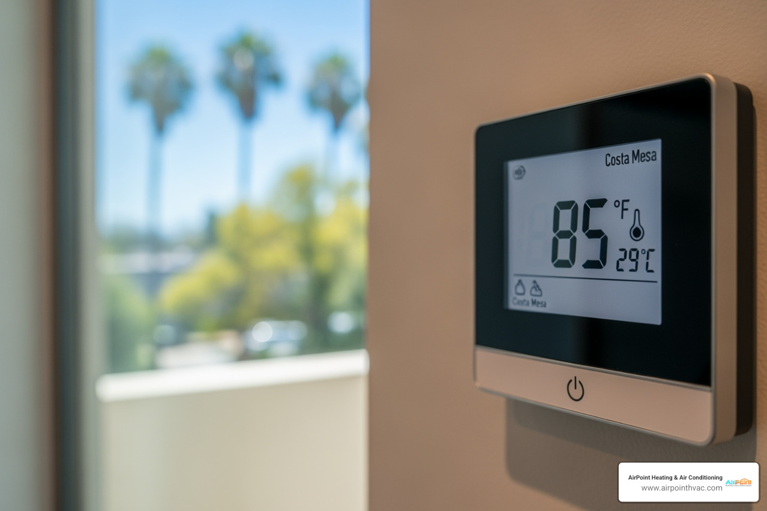 A thermostat displaying a high indoor temperature, with the outdoor scene of a sunny Costa Mesa day visible through a window. - air conditioning repair in costa mesa ca