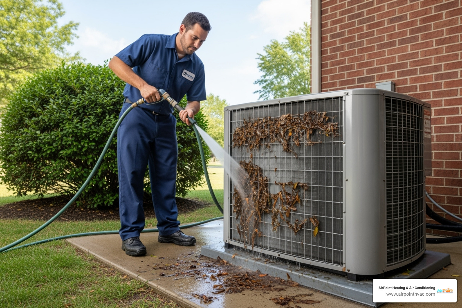 A skilled technician meticulously cleaning the outdoor condenser coils of an AC unit, removing debris and buildup for optimal performance. - air conditioning repair in costa mesa ca