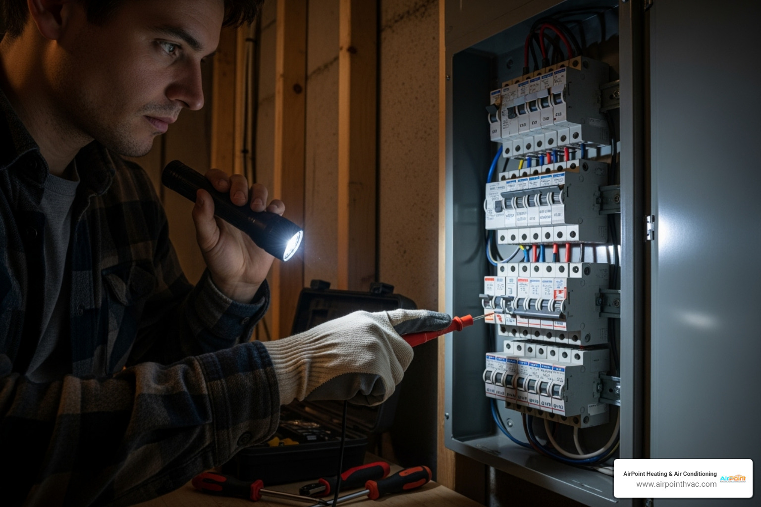 A homeowner safely checking a circuit breaker panel with a flashlight, indicating a proactive step during an AC outage - emergency air conditioning repair in cerritos ca A homeowner safely checking a circuit breaker panel with a flashlight, indicating a proactive step during an AC outage - emergency air conditioning repair in cerritos ca