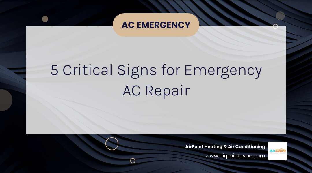 Infographic showing 5 critical signs requiring emergency AC repair: 1. AC blowing warm or hot air instead of cool air, 2. Strange loud noises like banging, screeching or grinding sounds, 3. Burning smell or electrical odor coming from vents or unit, 4. Complete system power failure or won't turn on at all, 5. Water pooling or leaking around indoor or outdoor unit - emergency air conditioning repair in cypress ca infographic simple-info-landscape-card-dark Infographic showing 5 critical signs requiring emergency AC repair: 1. AC blowing warm or hot air instead of cool air, 2. Strange loud noises like banging, screeching or grinding sounds, 3. Burning smell or electrical odor coming from vents or unit, 4. Complete system power failure or won't turn on at all, 5. Water pooling or leaking around indoor or outdoor unit - emergency air conditioning repair in cypress ca infographic simple-info-landscape-card-dark