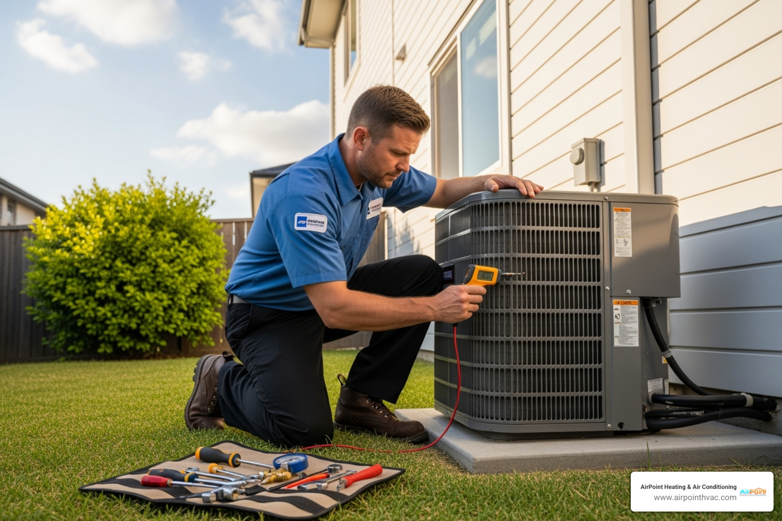 A technician performing routine annual AC maintenance, checking the outdoor unit. - emergency air conditioning repair in cypress ca A technician performing routine annual AC maintenance, checking the outdoor unit. - emergency air conditioning repair in cypress ca