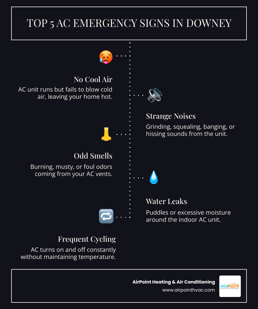 infographic showing the top 5 signs of an AC emergency in Downey California: no cool air blowing from vents, strange grinding or squealing noises from the unit, burning or musty odors, water leaking around the indoor unit, and the system cycling on and off frequently without cooling the home - 24/7 air conditioning repair in downey ca infographic infographic-line-5-steps-dark infographic showing the top 5 signs of an AC emergency in Downey California: no cool air blowing from vents, strange grinding or squealing noises from the unit, burning or musty odors, water leaking around the indoor unit, and the system cycling on and off frequently without cooling the home - 24/7 air conditioning repair in downey ca infographic infographic-line-5-steps-dark