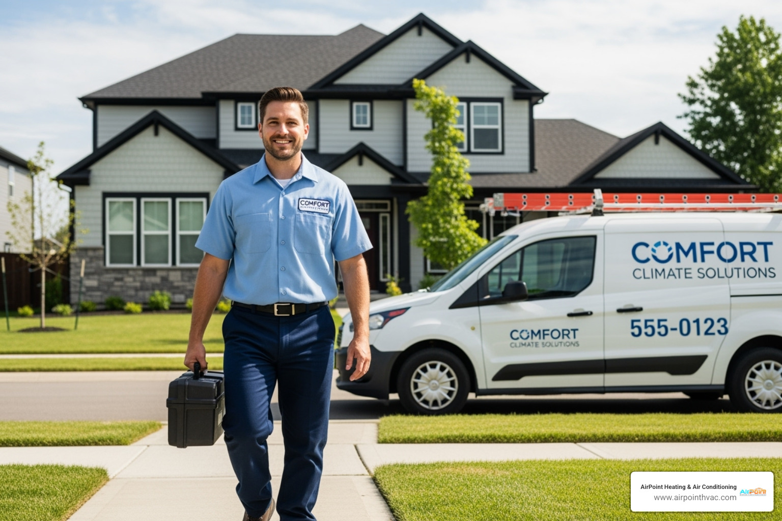 A professional and friendly HVAC technician in a clean uniform, carrying a toolbox and smiling, approaches a residential home in a branded service van. - 24/7 air conditioning repair in downey ca A professional and friendly HVAC technician in a clean uniform, carrying a toolbox and smiling, approaches a residential home in a branded service van. - 24/7 air conditioning repair in downey ca