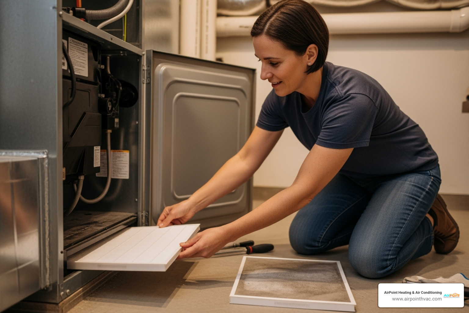 A homeowner easily changing an air filter in their home HVAC system, highlighting a simple maintenance task. - 24/7 air conditioning repair in downey ca A homeowner easily changing an air filter in their home HVAC system, highlighting a simple maintenance task. - 24/7 air conditioning repair in downey ca