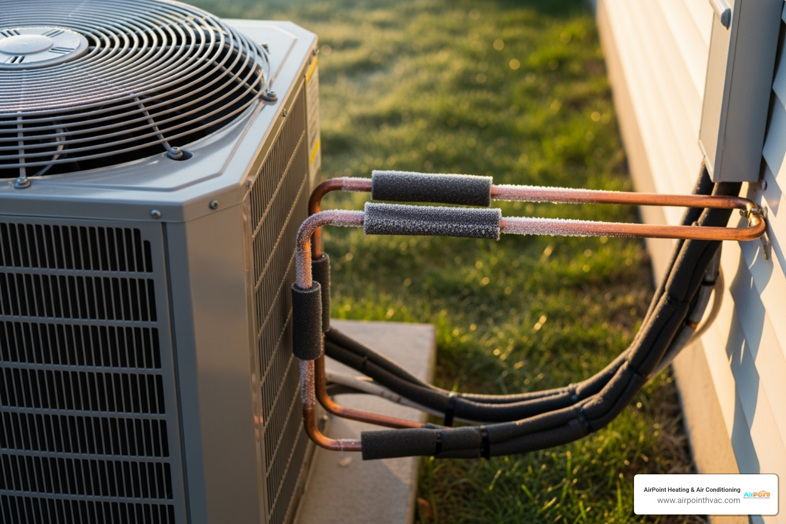 An outdoor AC unit with visible frost on the copper lines, indicating a serious problem like low refrigerant or airflow issues. - 24/7 air conditioning repair in downey ca An outdoor AC unit with visible frost on the copper lines, indicating a serious problem like low refrigerant or airflow issues. - 24/7 air conditioning repair in downey ca