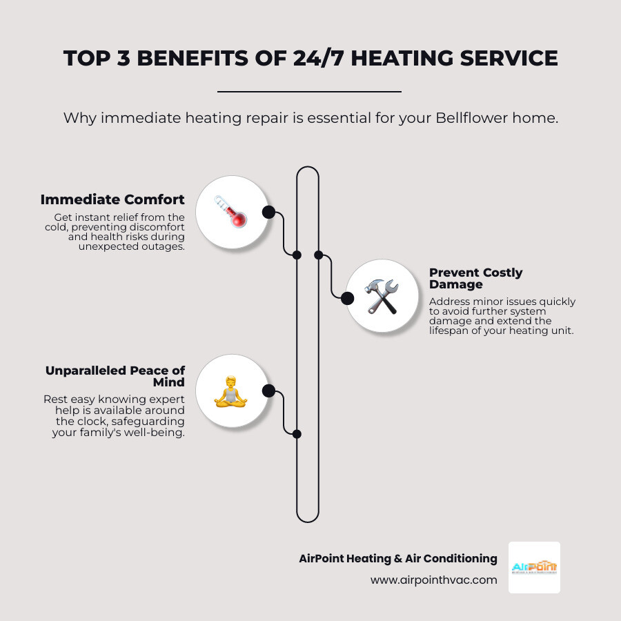 Infographic showing the top 3 benefits of 24/7 heating service: 1) Immediate response during cold nights preventing discomfort and health risks, 2) Prevention of further system damage by addressing problems quickly, 3) Peace of mind knowing expert help is available anytime your family needs it - 24 hour heating service in bellflower ca infographic infographic-line-3-steps-elegant_beige Infographic showing the top 3 benefits of 24/7 heating service: 1) Immediate response during cold nights preventing discomfort and health risks, 2) Prevention of further system damage by addressing problems quickly, 3) Peace of mind knowing expert help is available anytime your family needs it - 24 hour heating service in bellflower ca infographic infographic-line-3-steps-elegant_beige