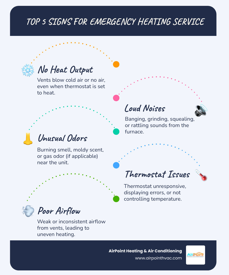 Infographic showing the top 5 signs a heating system needs immediate repair: 1) No heat coming from vents despite thermostat being on, 2) Loud banging, grinding, or squealing noises from the furnace, 3) Strong burning smell or gas odor near the heating unit, 4) Thermostat not responding or displaying error codes, 5) Weak airflow or some rooms staying cold while others heat properly - 24 hour heating service in anaheim hills ca infographic infographic-line-5-steps-blues-accent_colors Infographic showing the top 5 signs a heating system needs immediate repair: 1) No heat coming from vents despite thermostat being on, 2) Loud banging, grinding, or squealing noises from the furnace, 3) Strong burning smell or gas odor near the heating unit, 4) Thermostat not responding or displaying error codes, 5) Weak airflow or some rooms staying cold while others heat properly - 24 hour heating service in anaheim hills ca infographic infographic-line-5-steps-blues-accent_colors
