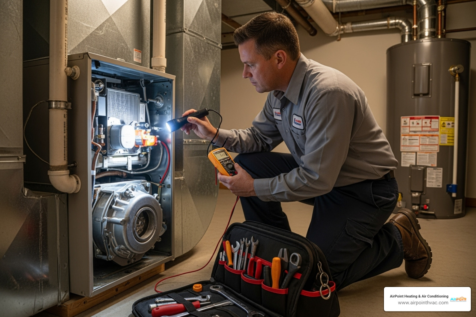 Technician inspecting a furnace unit - 24 hour heating service in anaheim hills ca Technician inspecting a furnace unit - 24 hour heating service in anaheim hills ca